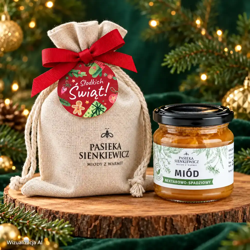 Świąteczny upominek z miodem 250 g w lnianym woreczku z zawieszką Słodkich Świąt!